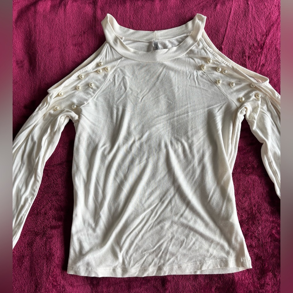 Chic White Cold Shoulder Top with Pearl Accents